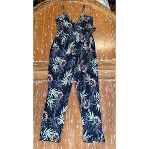 Just Be Womens Large Navy Blue Floral Tropical Pinstripe V-Neck Jumpsuit